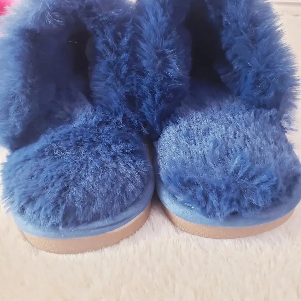 J. Crew Faux Fur House Slippers Navy Blue Plush Fuzzy Hard Sole NEW Women's 7